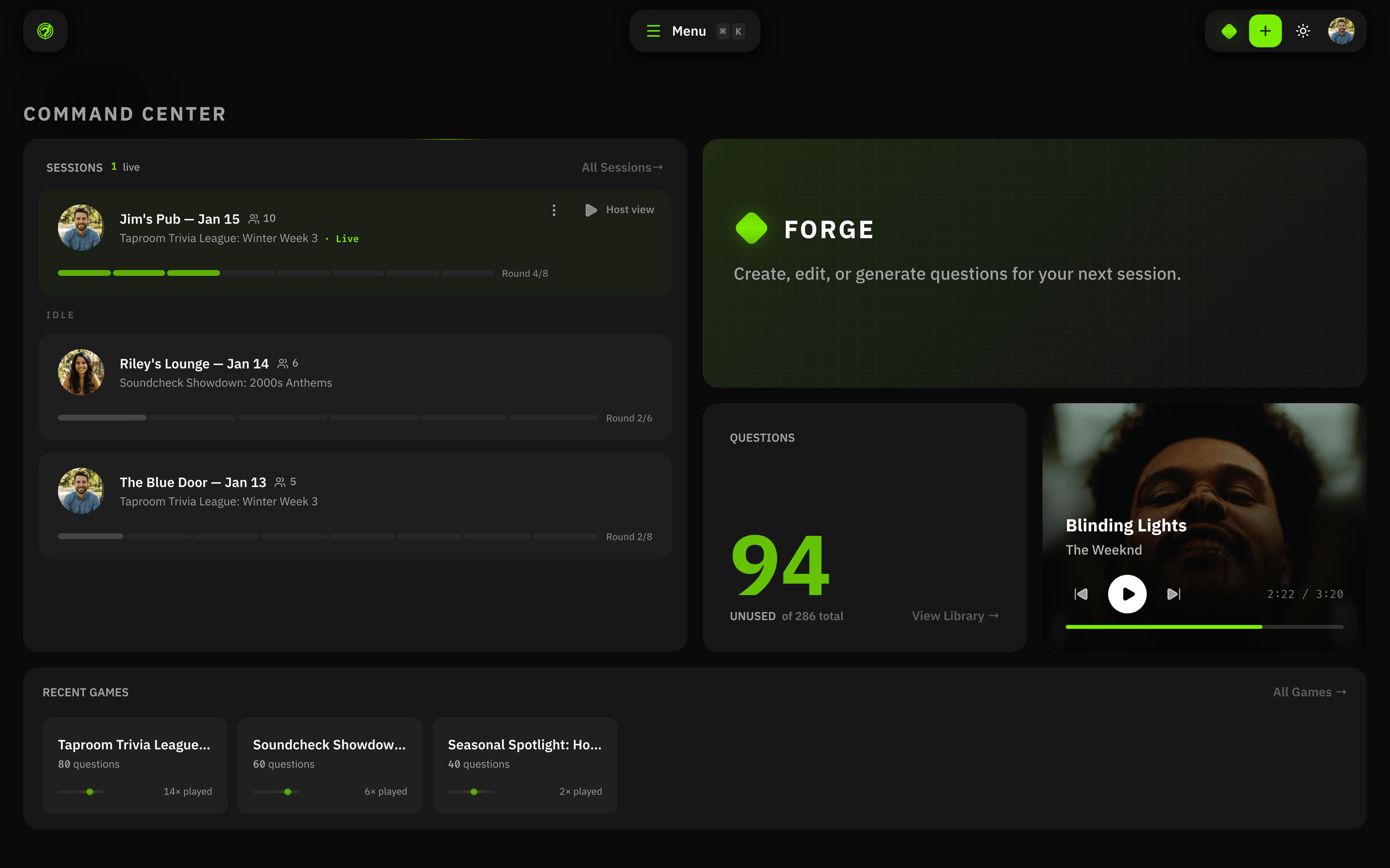 TriviaCommand command center showing active sessions, AI question generation, Spotify integration, and game library.