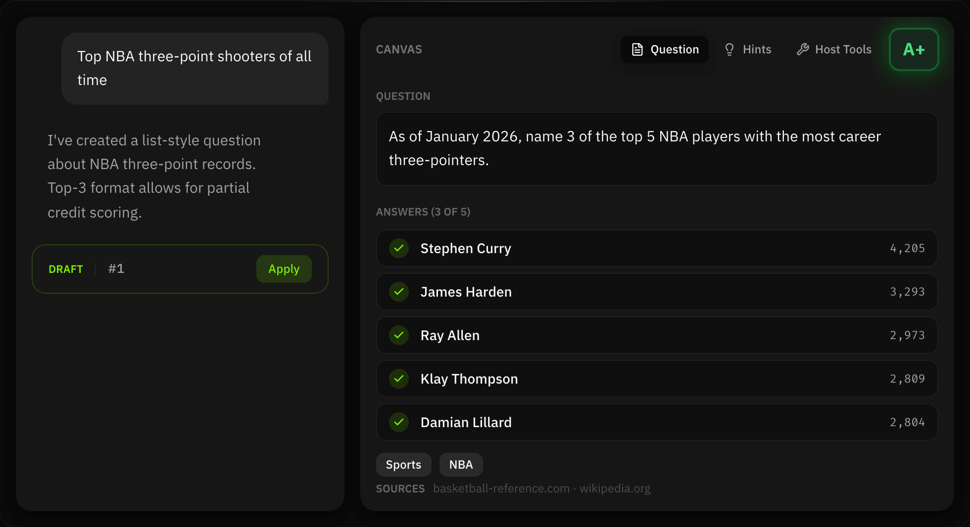 TriviaCommand Forge - AI-generated trivia question with quality assessment, showing a chat interface alongside a structured question canvas.