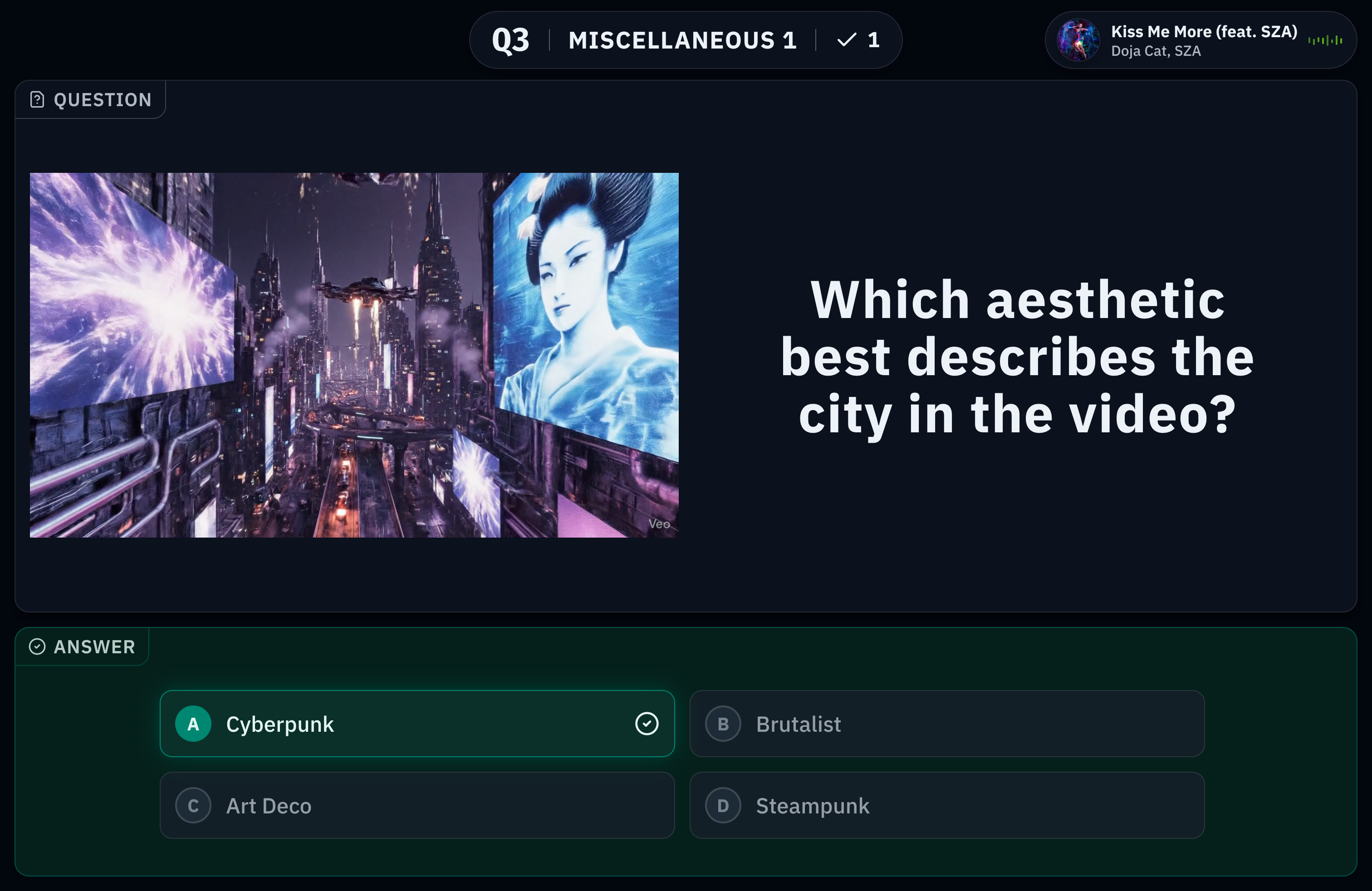 TriviaCommand audience display showing trivia question with timer, round information, and media content