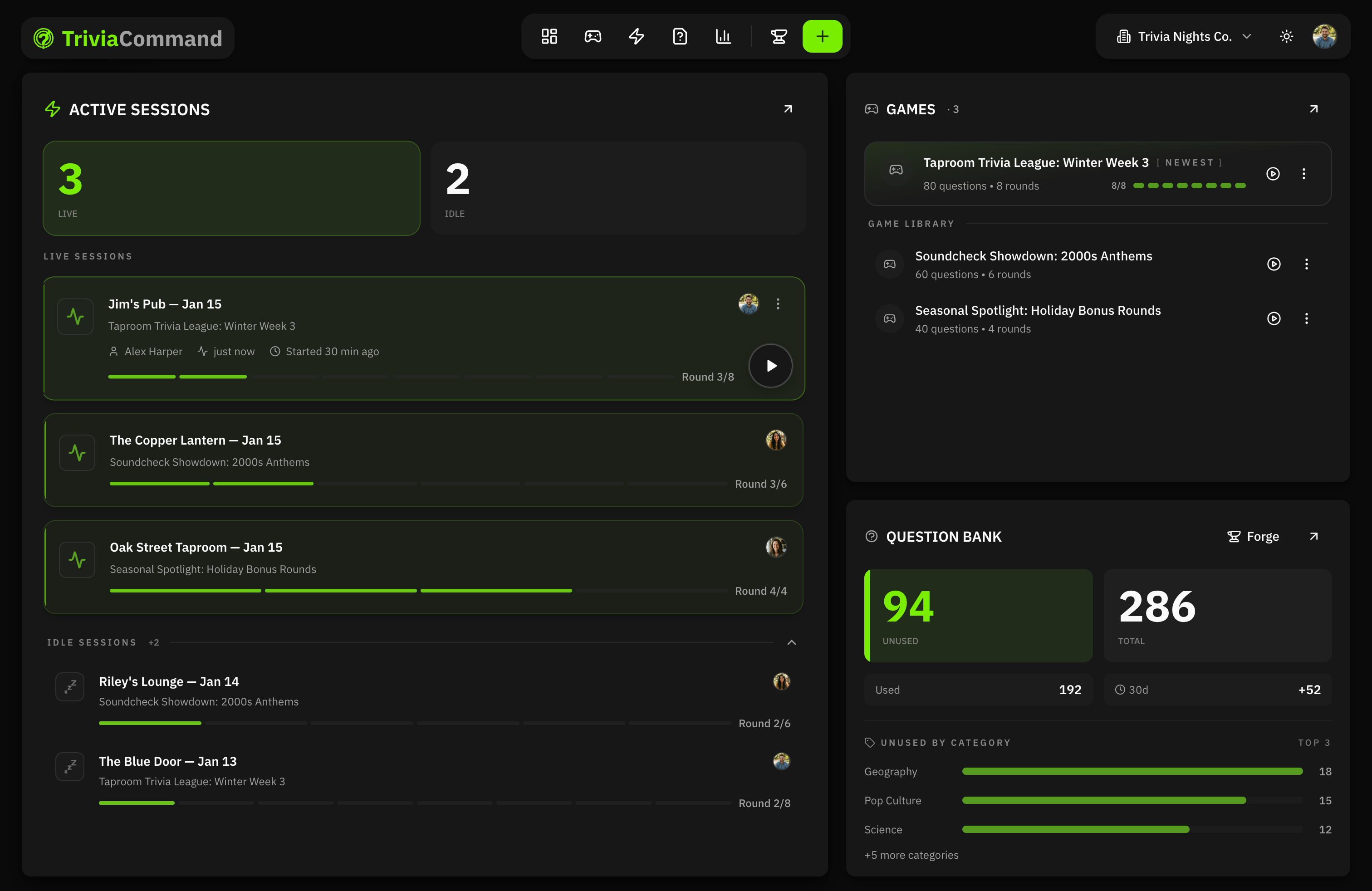 TriviaCommand host dashboard showing question management, live game controls, and audience view synchronization in a modern interface.